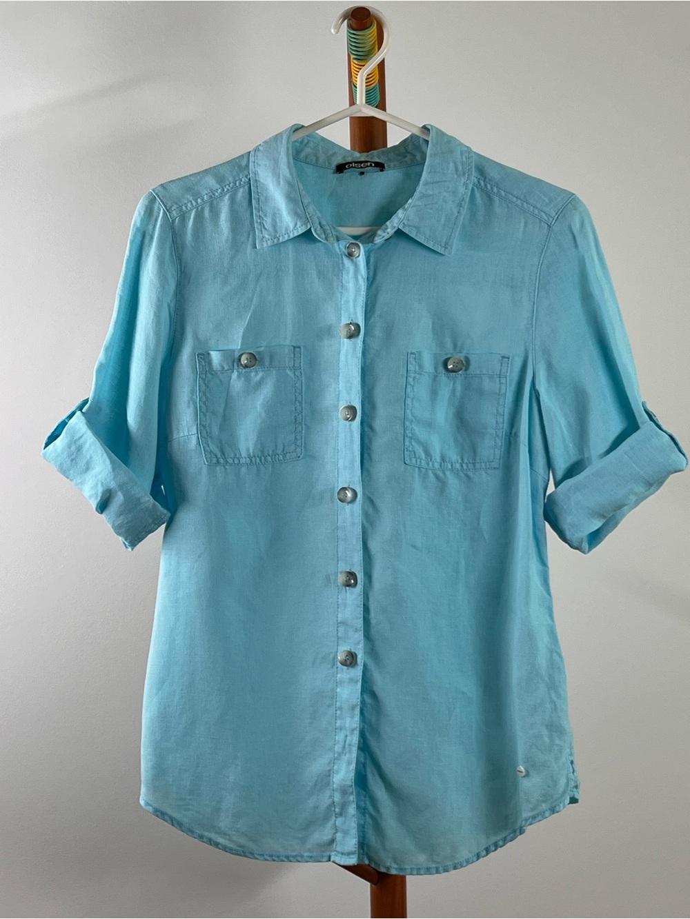 Women’s Casual Sky Blue Button-Down Shirt with Roll-Tab Sleeves